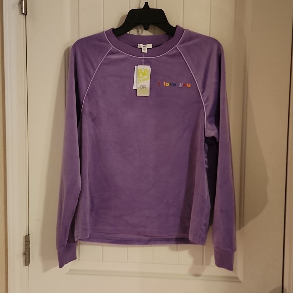 New BP I Love You Rainbow Embroidery Velour Sweatshirt Purple Size Medium